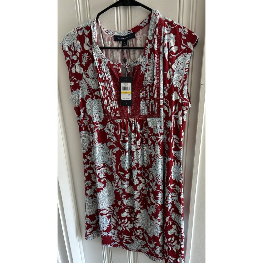 Tommy Hilfiger Cotton Sz M Knee Length  Red Blue Floral Shift Dress Nwt 99$